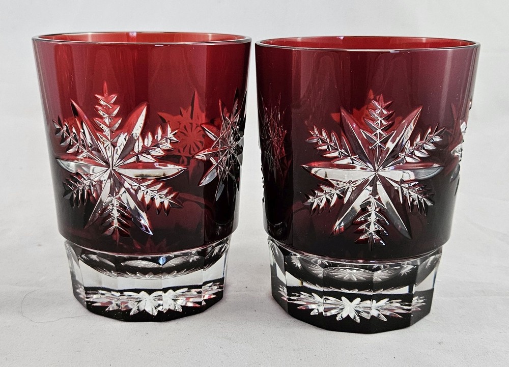 Waterford Snowflake Snow Crystals Ruby Red Whiskey Double Old-Fashioned Set of 2