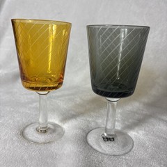 Pair of Pols Potten Library Wine Glasses Amber Yellow & Smoke Gray Etched