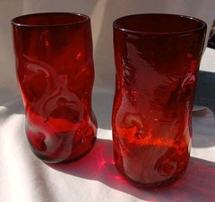 Pair MCM Blenko Art Glass Tumblers Ruby Red Dimpled – One Is Amberina Crackle 6″