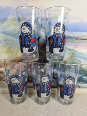 5 Vtg KIG Snowman Christmas Winter Snowflake 6” 14 Oz Glass Cups Tumbler ☃️❄️