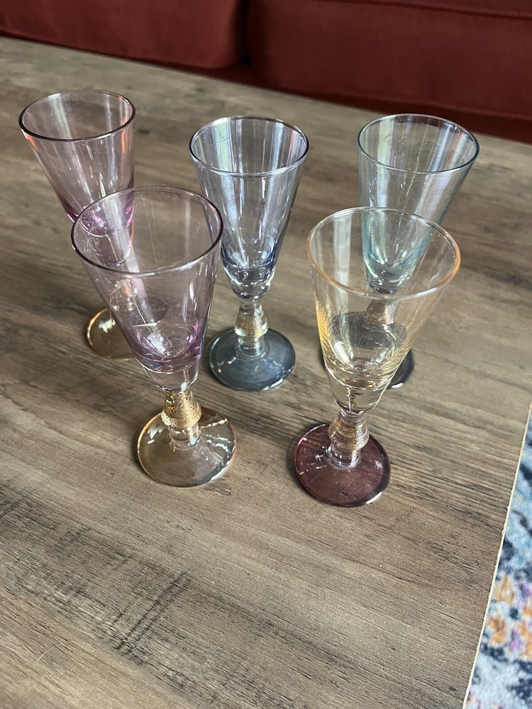 Vintage Lubiana 5″ Stem Wine Sherry Glasses Colorful w/ Gold Flecks In Glass