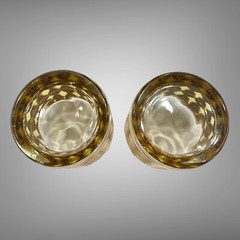 Set Of 2 Gold With Gold/Green Glass Cocktail Low Ball Dbl Rocks Glasses MCM Vtg