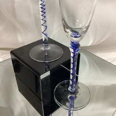 Clear 9” Champagne Flute w/ Blue Glass Spiral Twisted Stem – Set of 2