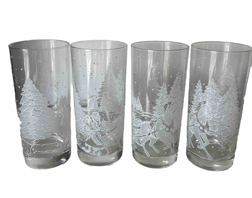 Frosted Winter Scene Tall Clear Drinking Glasses Barware 14 oz Set Of 4