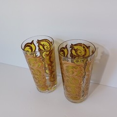 MCM Highball Glasses Gold Over Yellow Swirls Flowers On Clear Glass 5.5in Pair 2