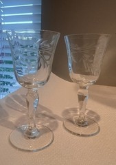 Set of Two Tiny Stemmed Wine Glasses Etched with Flowers. 4 Inches Tall Vintage