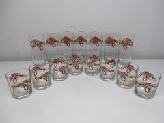 Vtg Anchor Hocking Poinsettia & Ribbons 7 Iced Tea Glasses- 8 Rocks Glasses 15pc