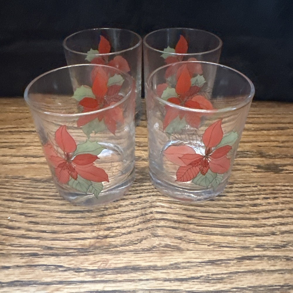 👀Set of 4 Block Poinsettia Old Fashioned Glasses Mary Lou Goertzen