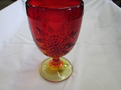 Vintage Pressed Glass Footed Goblet ~ Red Yellow Ombre with Grape Motif
