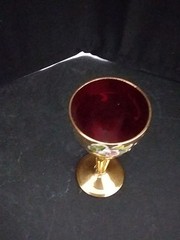 Vintage Czech Bohemian Ruby Red Cordial Glasses w/ Gold Trim & Painted Flowers