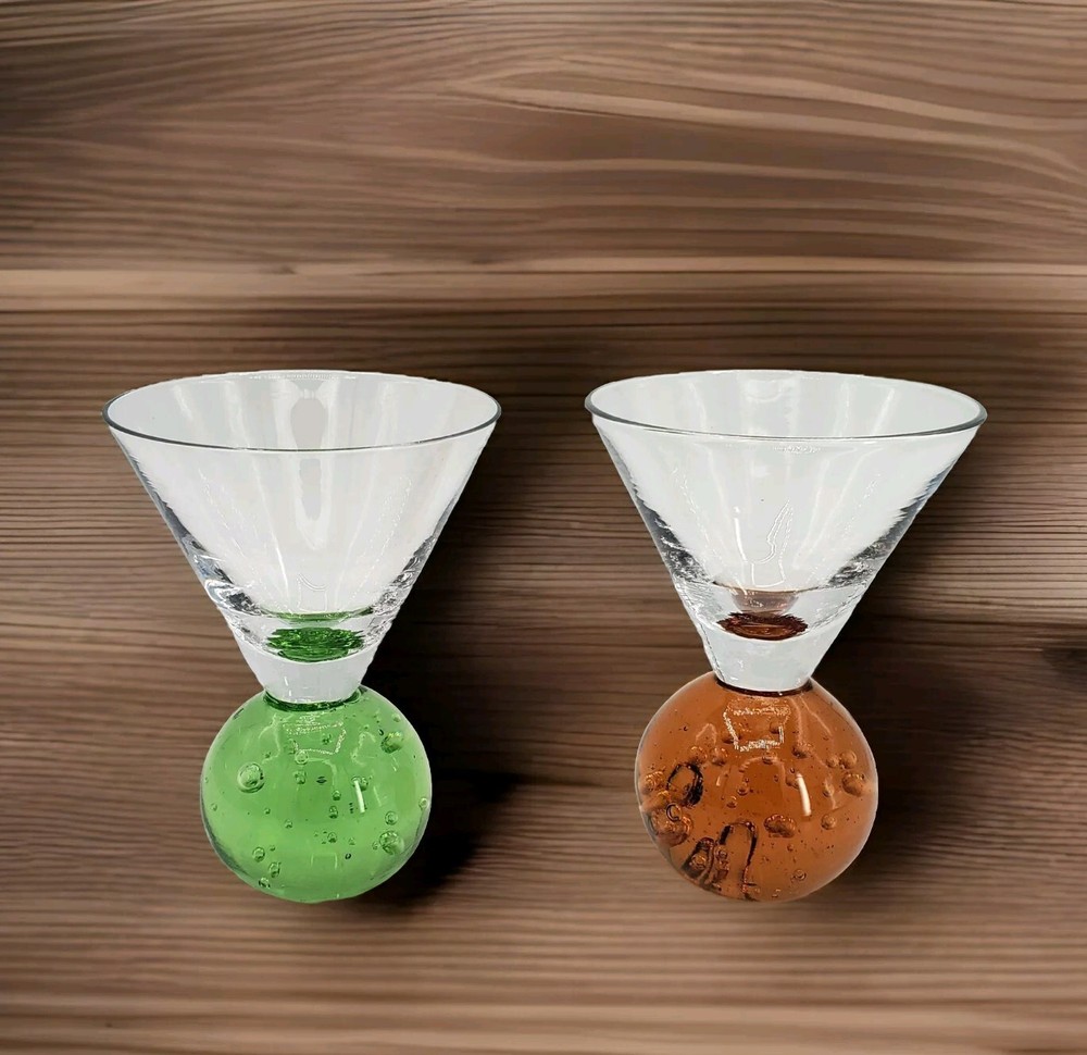 Vintage Art Glass Shot Glasses Controlled Air Bubbles Orange Green Ball Base