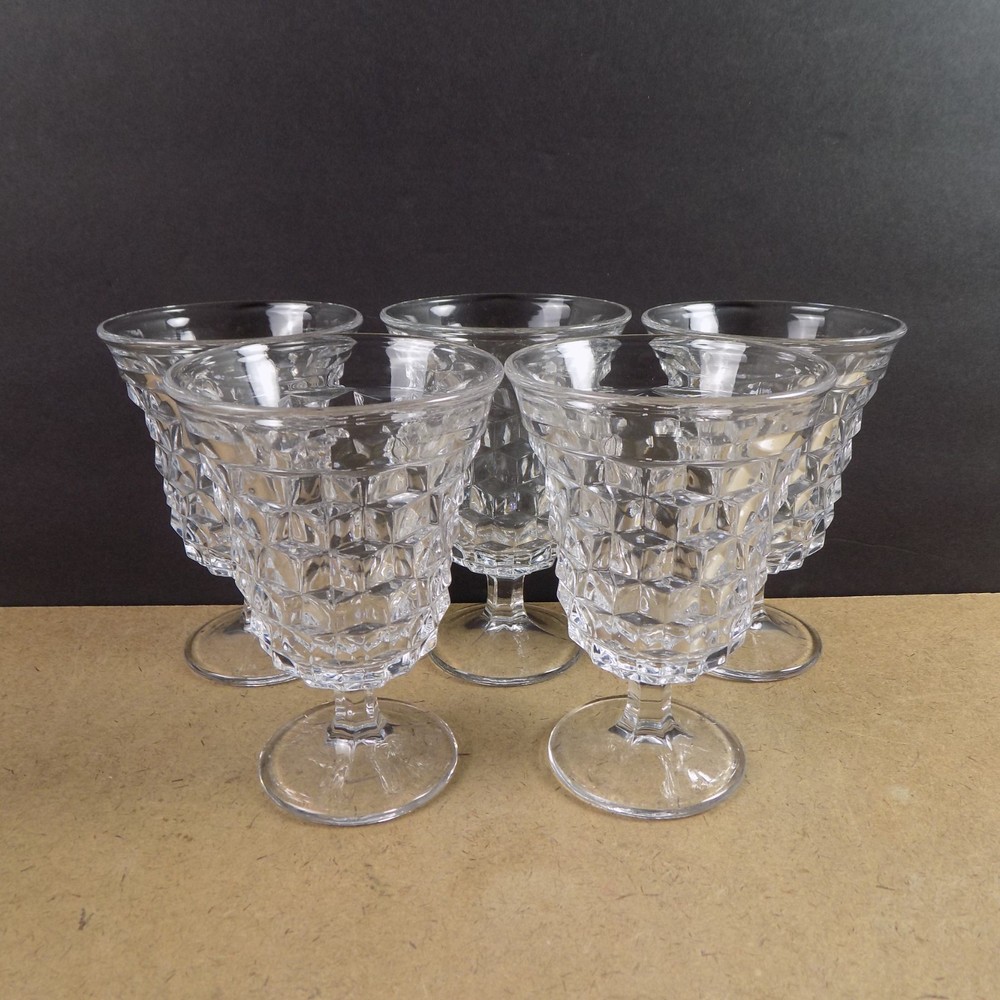 5 Fostoria American Pattern Glass Low Water Goblets 5-3/8″ Tall VGC Cube