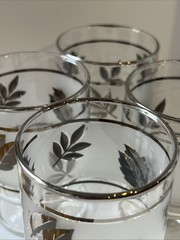 Atomic Era MCM Silver Leaf Frosted Glass Pitcher +4 Goblets VTG Cocktail Bar Set