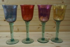 Blue, Red, Pink, Yellow (4) Wine Goblets, 8 1/2″ Hand Blown w/ Green Stem (G34)