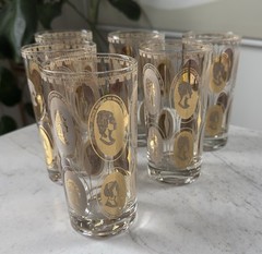 6 MCM HIGHBALL COCTAIL GLASSES GOLD COURTESAN FEMALE PORTRAITS & FORMICA TRAY.