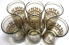 Vintage Libbey Glass Tumblers SET OF 6 Tawny Brown Beige Floral Bands 5 1/4″ T