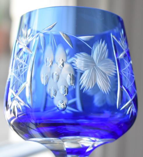 LOVELY CZECH CUT TO CLEAR GRAPES GRAPELEAF MOTIF COBALT BLUE WINE HOCK – HAVE 2