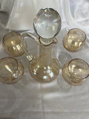 Elegant Set Of 4 Wine Glasses And Decanter Cut to Clear Gold Hand Cut