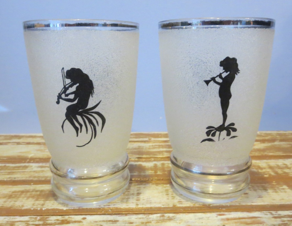 Set of 2 Vintage MCM Rubber Coated Fairy/Nymph Silhouette Drinking Glasses