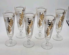 Libbey Golden Foliage Frosted Gold Leaf Pilsner Glasses 8.5″ Set Of 6 MCM VTG