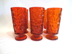 SET OF 6 FOSTORIA PEBBLE BEACH FLAMING ORANGE WATER GOBLETS