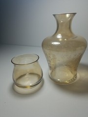 Glass Bedside Water Carafe Tumble Up Pale Champagne/Amber Etched Florals