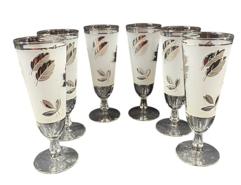 Vintage 6 Piece Set MCM Libbey Frosted Silver Leaf Pilsner Glasses Barware