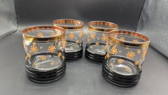 Sakura-4- Ribbed Low Ball Glasses MCM Retro Black Gold Atomic Star Burst