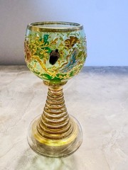1. Antique German Hand-Painted Wine Goblet Acorn Motif Miniature Souvenir Glass
