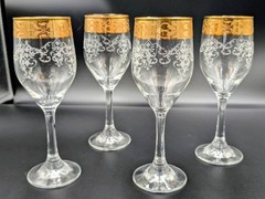 Cellini 24K GOLD Trim Etched Blown Crystal Wine Glasses Set of 4 Italy