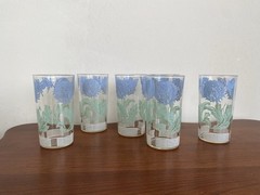 Set Of 6 Juice Glasses Blue Green Butterfly And Clover Flower Vintage 4 3/4” EUC