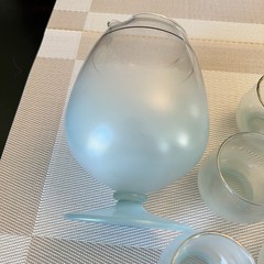 Vintage Frosted Blue Ombre Glass Pitcher & 5 Tumblers Gold Rim | MCM Blendo Set