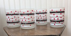 4 VTG Georges Briard Red Polka Dot Black & White Striped 12 Oz Frosted Glasses