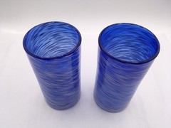 Vintage 2 Hand Blown Art Glass Cobalt Blue and White Swirl Tumblers 18 oz