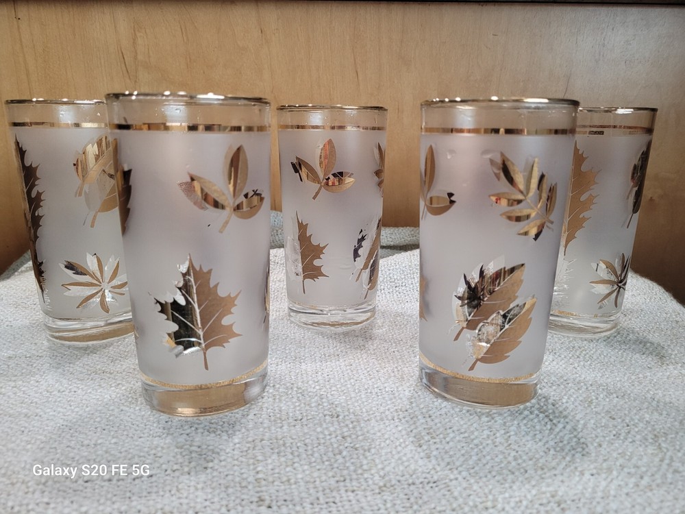 (5)Vintage Libbey Gold Leaf 12oz. Flat Tumbler Glasses – Frosted