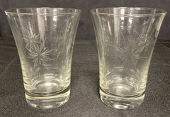 Fostoria Sunburst Atomic Star Flared Top Flat Bottom 2 Juice Glasses 4″ Vtg