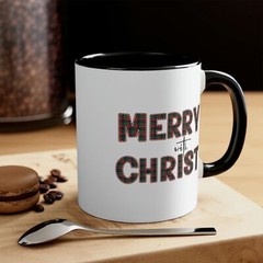 Two-tone Accent Ceramic Mug 11oz – Merry with Christ – Red and Green Plaid Chris