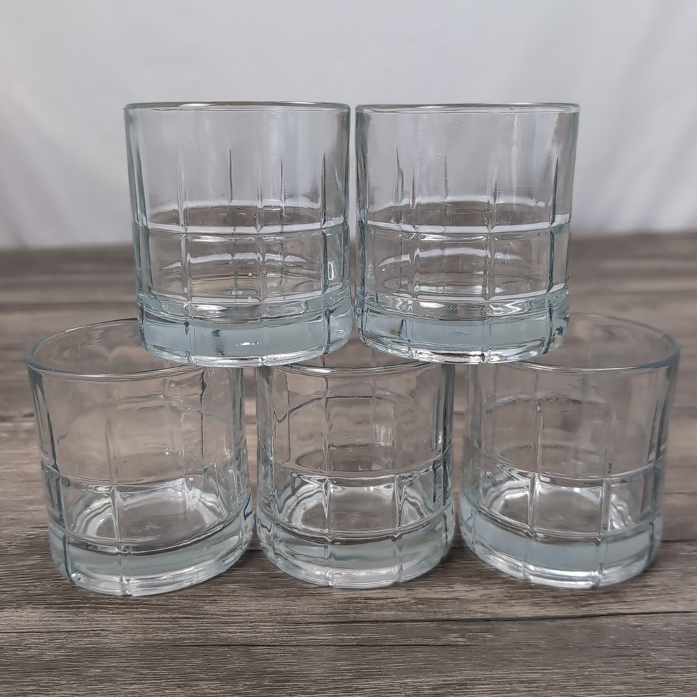 5 Anchor Hocking Tartan Clear Manchester Whiskey Glasses Old Fashion 3.5″ Rocks