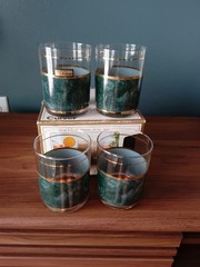 4 Vintage Culver Emerald Green Marble 22K Gold Whiskey Glasses New in Box