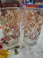 Floral Pattern Decorated Glass Tumbler Set, Clear Brown Beige, Vintage Design