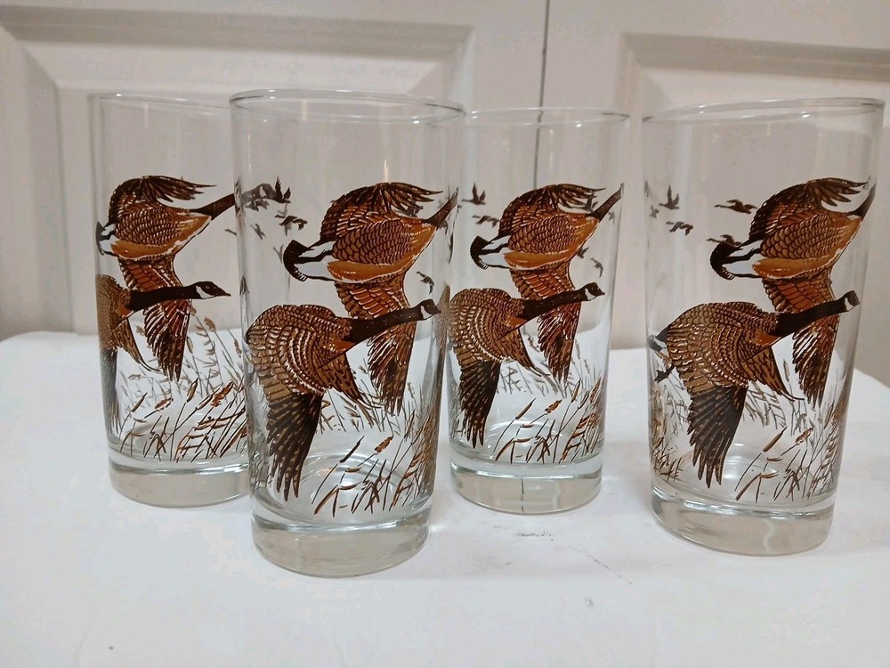 New Vtg Set Of 4 Libbey Canadian Geese In Flight High Ball Glass 12 Oz