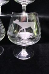 4 Brandy Glasses Etched Wild Life Deer Stag Doe Birds Pheasant Grey Cut Crystal