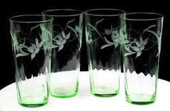 Elegant Vaseline Glass Panel Optic Floral Cut 4Pc 16 Oz 6 1/2″ Tumblers 1960-80s