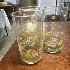 Vtg Pink Yellow Green Tulip Flower Blossom Drinking 6” Glasses 20oz libbey ?