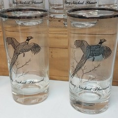 Set Of 8 Vintage Silver Rimmed Federal Glass Wild Game Bird Pheasant Glasses