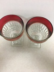 Vintage Ruby Red Rimmed Set Of 2 Goblet Clear Cut Glass Square Base