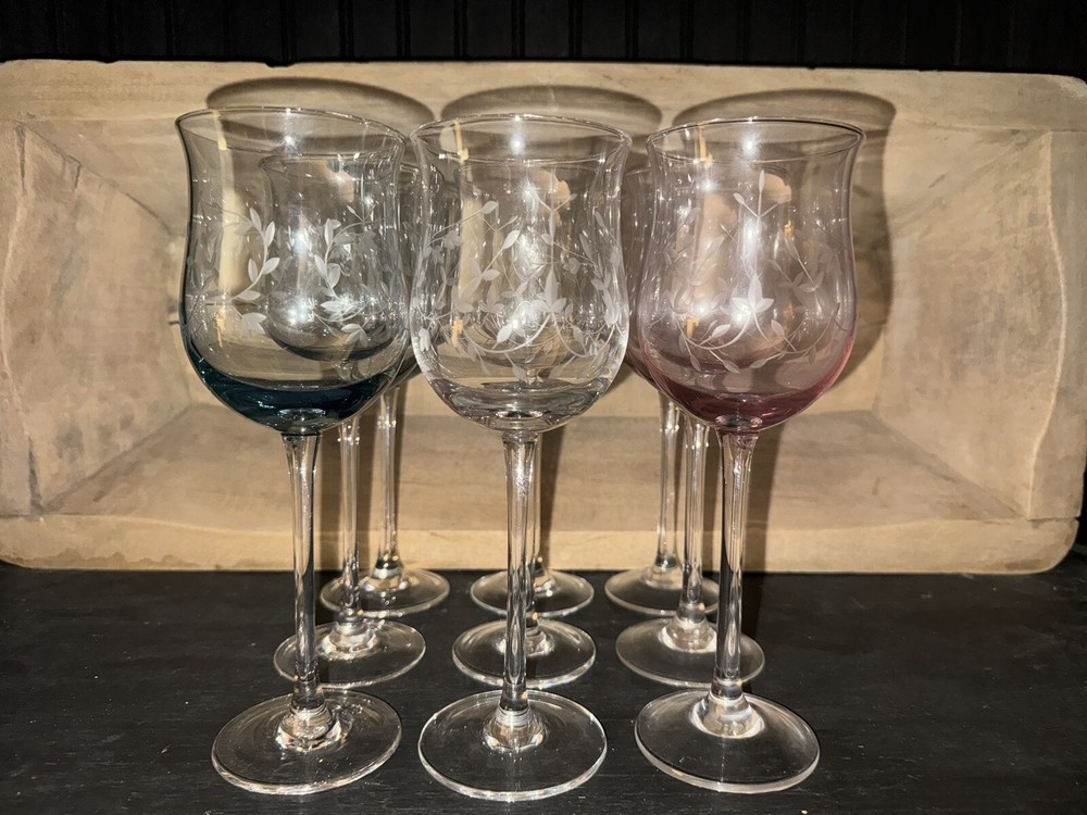 Lenox Heather Pink Blue Clear Tulip Wine Glasses (9)