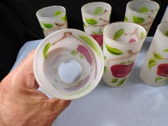 Set of 9 Clear Frosted Glass Tumblers w/ Apples Design Painted On Them 5 1/8″