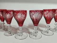 Set of 6 Cordial Glass Bryce Cranberry Ruby Glass 688-1 Etched Grape Design Rare