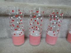 6 VINTAGE MCM Libbey Glass Tall Tom Collins Glasses Red White Dots Stripes 7″